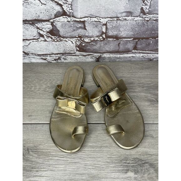 Salvatore Ferragamo Gold Leather Bow Slides Flat Sandals Women’s Sz 5.5M US/36EU - Picture 4 of 16
